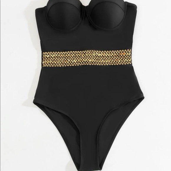 Boho black gold contrast trim one piece bikini - Picture 4 of 6